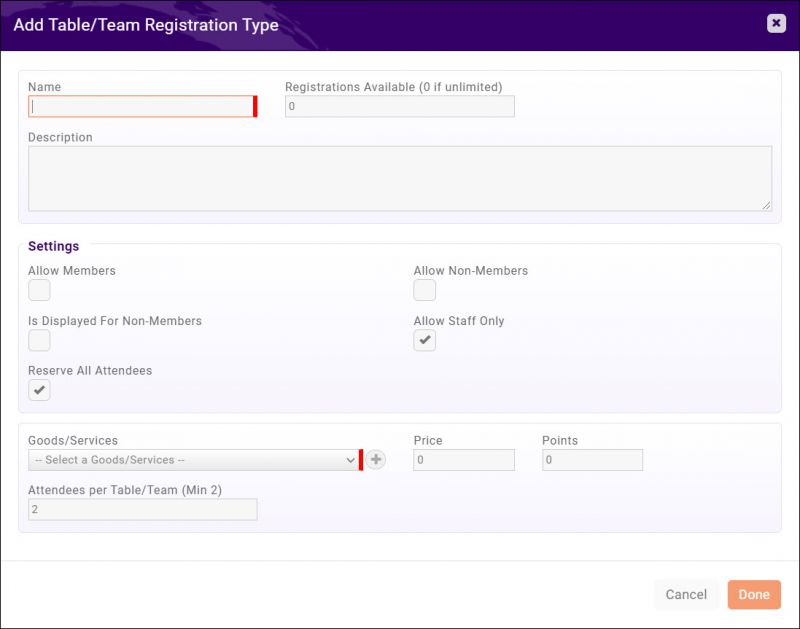 A screenshot of the add table/team Registration type window.