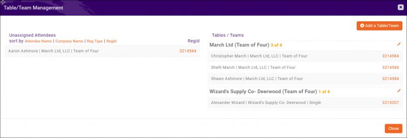 A screenshot of the Table/Team Management window, showing an attendee moved from a table/team to the Unassigned column.