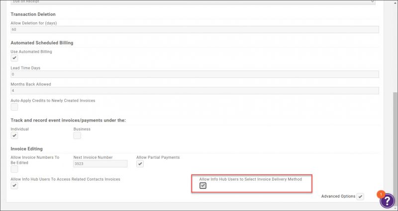 Screenshot of the window to enable Allow Info Hub Users to Select Invoice Delivery Method setting.