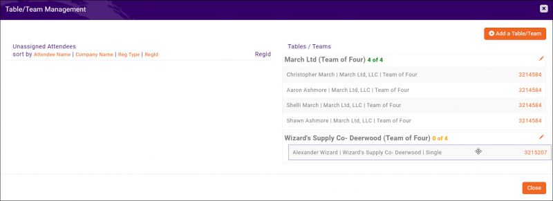 A screenshot of the Table/Team Management window, moving an unassigned attendee to a table/team.