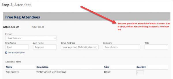 Display of the No Show Fee notice on an event registration